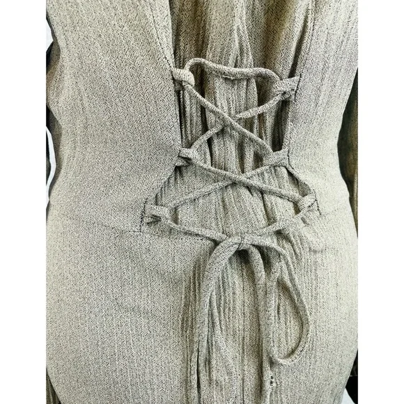 (VTG) CITY TRIANGLES • Sand/Brown Velvet Trim Button Long Sleeve Mini Dress, 7 - Picture 9 of 16